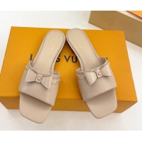 Most Popular Louis Vuitton 6AM Flat Slides Sandal in Calfskin Leather with Bow Beige 0421095