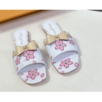 Unique Discount Louis Vuitton LV x TM Neo 6AM Flat Slides Sandal in Cherry Blossoms Print with Bow White Leather 0422003