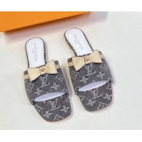 Duplicate Louis Vuitton LV x TM Neo 6AM Flat Slides Sandal in Cherry Blossoms Print Denim with Bow Grey 0422004