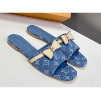 Low Price Louis Vuitton LV x TM Neo 6AM Flat Slides Sandal in Cherry Blossoms Print Denim with Bow Blue 0422006