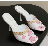 Best Grade Louis Vuitton LV x TM 6AM Heel Slides Sandal 9cm in Cherry Bloom Print Leather White 1ADIGZ