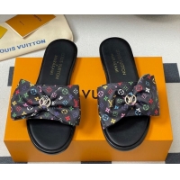 Low Price Louis Vuitton LV x TM Lily Flat Slides Sandal with Bow in Monogram Canvas Black/Multicolor 1AGVYB