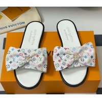 Lower Price Louis Vuitton LV x TM Lily Flat Slides Sandal with Bow in Monogram Canvas White/Multicolor 1AGVYB