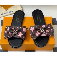 Shop Duplicate Louis Vuitton LV x TM Lily Flat Slides Sandal with Bow in Cherry Bloom Print Classic Monogram Canvas 1AGV