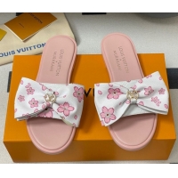 Classic Hot Louis Vuitton LV x TM Lily Flat Slides Sandal with Bow in Cherry Bloom Print Leather White/Pink 1AGVYB