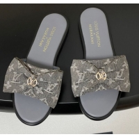 Sumptuous Louis Vuitton Lily Flat Slides Sandal with Bow in Monogram Denim Grey 2025 1AGVYB