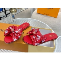 Shop Cheap Louis Vuitton LV x TM Lily Flat Slides Sandal with Bow in Cherry Bloom Print Leather Red 1AGVYB