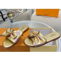 Grade Quality Louis Vuitton LV x TM Lily Flat Slides Sandal with Bow in Cherry Bloom Print Leather Gold 1AGVYB