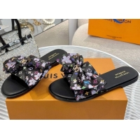 Luxury Louis Vuitton LV x TM Lily Flat Slides Sandal with Bow in Cherry Bloom Print Monogram Canvas Black 1AGVYB