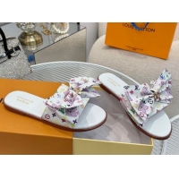 Fashion Louis Vuitton LV x TM Lily Flat Slides Sandal with Bow in Cherry Bloom Print Monogram Canvas White 1AGVYB