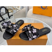 Best Price Louis Vuitton LV x TM Lily Flat Slides Sandal with Bow in Cherry Bloom Print Leather Black 1AGVYB
