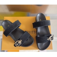 Good Quality Louis Vuitton Bom Dia Flat Comfort Slides Sandal in Suede with Bloom Buckle Black 2025 1AGXTN