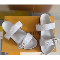 Popular Style Louis Vuitton Bom Dia Flat Comfort Slides Sandal in Leather with Buckle Light Grey 2025 1ABVNC