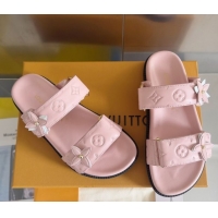 Top Design Louis Vuitton LV Sunset Flat Comfort Slides Sandal in Perforated Leather with Monogram Flower Light Pink 2025