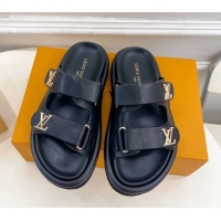 Purchase Louis Vuitton Comfort Slides Sandal in Leather with LV Strap Black 2025 LV042202