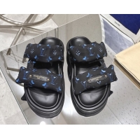 Grade Quality Louis Vuitton Pool Pillow Flat Comfort Slides Sandal in Monogram Nylon Black/Blue 2025 1AHMDV
