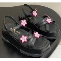 Good Product Louis Vuitton Maya Flatform Sandals 5cm in Leather with Cherry Bloom Charm Black 50607007