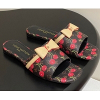 Top Design Louis Vuitton LV x TM Neo 6AM Flat Slides Sandal in Leather with Luscious Cherry and Bow Black 0607010
