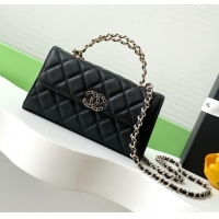 Shop Grade Chanel Phone Holder with Chain in Grained Shiny Calfskin AP3238 Black Spring-Summer 2025