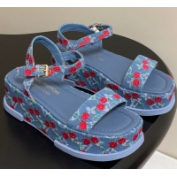 Shop Duplicate Louis Vuitton LV x TM Maya Platform Sandals 5cm in Blue Denim with Luscious Cherry 0607022