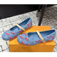 Top Grade Louis Vuitton LV x TM Romy Flat Ballerinas in Light Blue Denim with Luscious Cherry 0607023