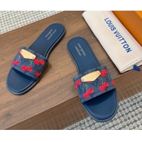 Best Grade Louis Vuitton LV x TM Lily Flat Slides Sandal in Denim with Luscious Cherry Dark Blue 0607030