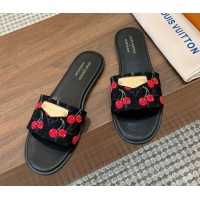 Good Looking Louis Vuitton LV x TM Lily Flat Slides Sandal in Denim with Luscious Cherry Black 0607035
