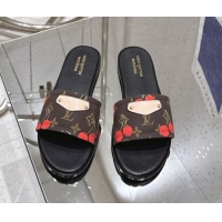 Discount Louis Vuitton LV x TM Lily Flat Slides Sandal in Calfskin with Luscious Cherry Brown 0607037