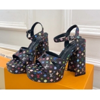 Luxury Louis Vuitton Maya Heeled Platform Sandals 12cm in Monogram Canvas Black/Multicolored 2025 1AGXXV 0607049