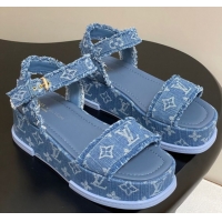 Stylish Louis Vuitton Maya Platform Sandals 5cm in Denim with Fringe Blue 0607063