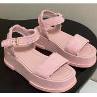 1:1 aaaaa Louis Vuitton Maya Platform Sandals 5cm in Denim with Fringe Pink 0607064