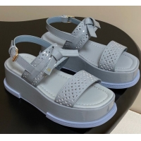 Good Quality Louis Vuitton Maya Platform Comfort Sandals 5cm in Perforated Patent Leather with Bow Light Blue 0607075