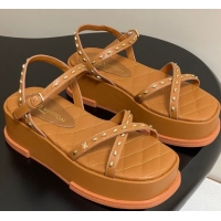 Buy Luxury Louis Vuitton Maya Platform Crisscross Sandals 5cm in Leather and Studs Brown 0607079