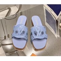 Luxury Louis Vuitton LV Isola Flat Slides Sandal in Perforated Calf Leather Blue 0609015