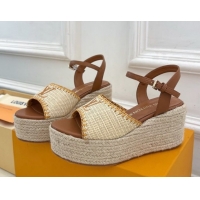 Luxury Louis Vuitton Starboard Wedge Platform Sandals 8cm in LV Raffia and Leather Brown 0609018