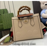 Top Quality Gucci Diana Leather Small Tote Bag with Embossed GUCCI Logo 702721 Beige 2024