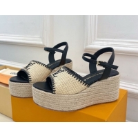 Big Discount Louis Vuitton Starboard Wedge Platform Sandals 8cm in LV Raffia and Leather Black 0609021