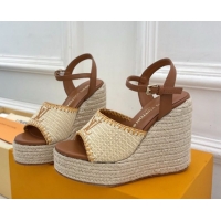 Cheap Louis Vuitton Starboard Wedge Platform Sandals 12cm in LV Raffia and Leather Brown 0609022