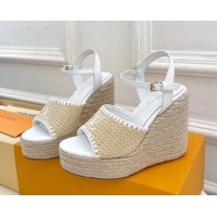 Stylish Louis Vuitton Starboard Wedge Platform Sandals 12cm in LV Raffia and Leather White 0609024