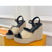 Grade Louis Vuitton Starboard Wedge Platform Sandals 12cm in LV Raffia and Leather Black 0609025