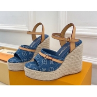 Luxurious Louis Vuitton 6AM Wedge Platform Sandals 12cm in Monogram Denim Blue 0609027