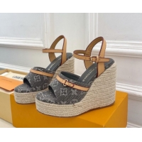 Top Grade Louis Vuitton 6AM Wedge Platform Sandals 12cm in Monogram Denim Grey 0609028