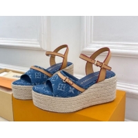 Low Cost Louis Vuitton 6AM Wedge Platform Sandals 8cm in Monogram Denim Blue 0609030