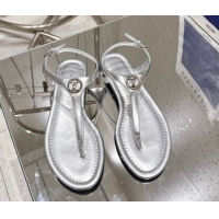 Top Design Louis Vuitton Sunkiss Flat Thong Sandals in Silver Leather 2025 1AHKU7 0609037
