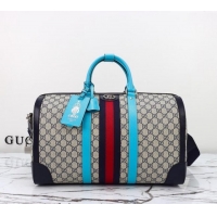 Best Quality Gucci Savoy GG Canvas Small Duffle Travel Bag with Fluorescent Blue Trim 724642 2024