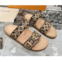 Grade Quality Louis Vuitton Bom Dia Flat Comfort Slides Sandal in Raffia Straw Black 0609046