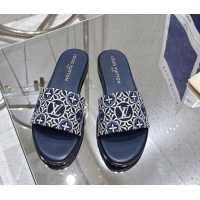 Top Grade Louis Vuitton Flat Slides Sandal in Monogram Jacquard Navy Blue 0609049