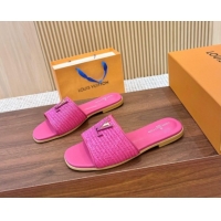 Classic Hot Louis Vuitton LV Mare Flat Slides Sandal in Straw-Like Dark Pink 0609053