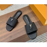 Shop Duplicate Louis Vuitton LV Mare Flat Slides Sandal in Straw-Like Black 0609059