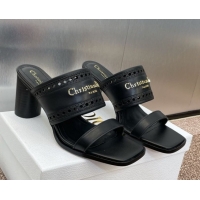 Hot Style Dior D-Lane Heeled Slides Sandal 7.5cm in Calfskin with Openwork Microcannage Motif Black 0425025
